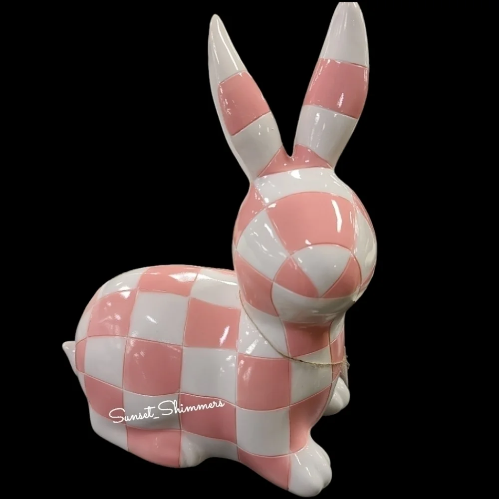 2pc Pink White MacKenzie Style Courtly Check Easter Bunny Rabbit & Egg Decor Set